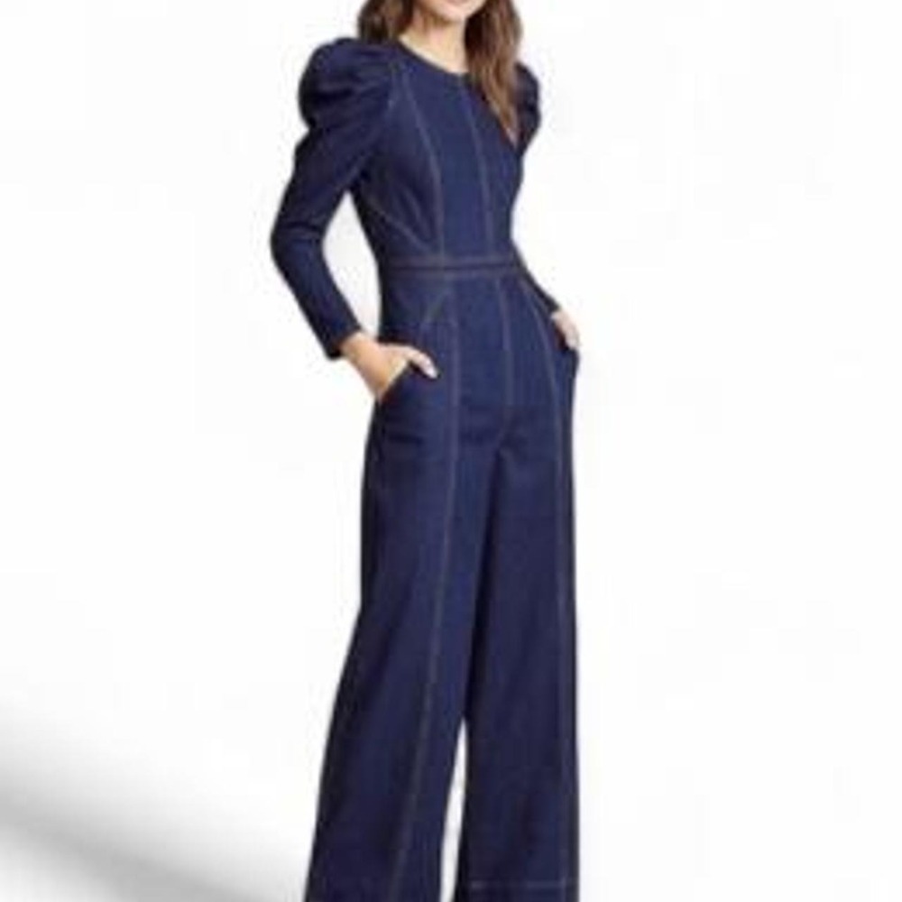 Women's Dark Wash Denim Long Sleeve Puff Shoulder Open Back Denim Pants Jumpsuit